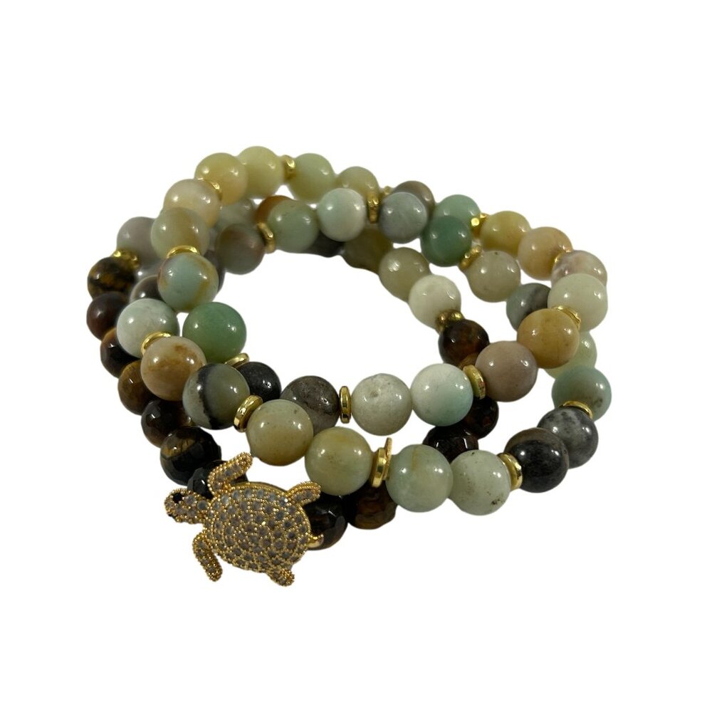 Lot 3 Natural Semi Precious Stone Stretch Bracelets Turtle Rhinestones Gold Tone